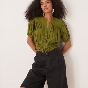 FP Movement Green Pleated Puff Sleeve Button Front Blouse